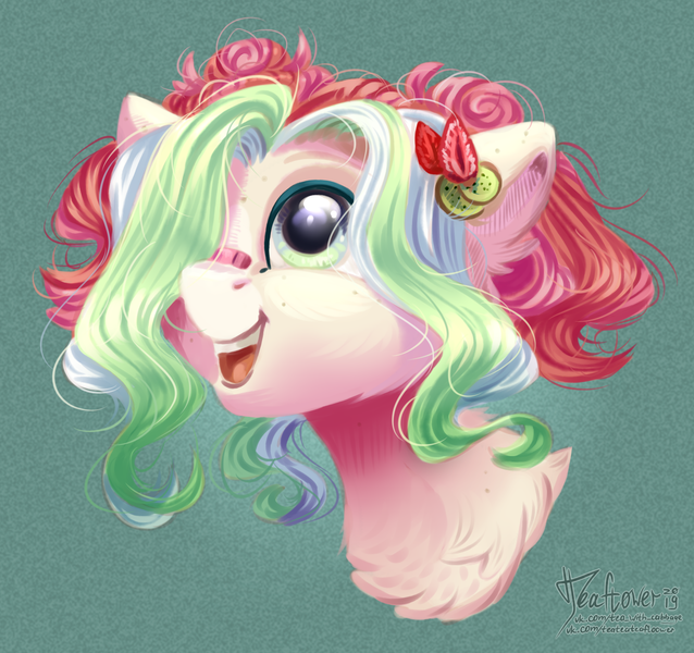 Size: 1559x1465 | Tagged: safe, artist:teaflower300, derpibooru import, oc, unofficial characters only, pony, abstract background, bandaid, bust, chest fluff, commission, cute, ear fluff, ear piercing, earring, female, floppy ears, hair over one eye, jewelry, looking up, mare, ocbetes, open mouth, piercing, solo