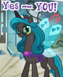 Size: 212x256 | Tagged: changeling, changeling queen, derpibooru import, dork, dorkalis, female, gameloft, glasses, meme, official, queen chrysalis, reflections, reversalis, safe, spoiler:comic, tonight you, wow! glimmer, yes, you