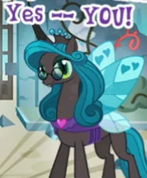 Size: 212x256 | Tagged: changeling, changeling queen, derpibooru import, dork, dorkalis, female, gameloft, glasses, meme, official, queen chrysalis, reflections, reversalis, safe, spoiler:comic, tonight you, wow! glimmer, yes, you