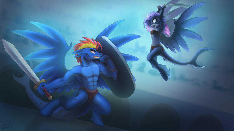 Size: 3500x1969 | Tagged: anthro, armpits, artist:airfly-pony, clothes, derpibooru import, elepatrium, female, fight, gladiator, kalharia, kalharia's wings, male, mixed fighting, oc, oc:elpida, oc:wing hurricane (kalharia), original species, partial nudity, rcf community, safe, shark tail, shield, sword, topless, universe elepatrium, weapon