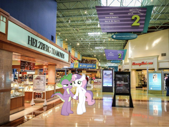 Size: 641x483 | Tagged: safe, artist:hoodie-stalker, derpibooru import, edit, editor:undeadponysoldier, spike, sweetie belle, dragon, human, pony, semi-anthro, unicorn, concord mills mall, date, dragons in real life, duo, female, filly, followup, helzburg diamonds, hoof on belly, hoof on hip, irl, irl human, jewelry store, male, mall, mare, photo, pino gelato, pointing, ponies in real life, shipping, sign, spikebelle, straight, teenage spike, teenage sweetie belle, teenaged dragon, teenager
