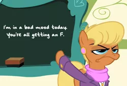 Size: 880x595 | Tagged: safe, derpibooru import, edit, edited screencap, screencap, ms. harshwhinny, earth pony, pony, flight to the finish, chalkboard, clothes, f, female, frown, grumpy, mare, pointing, solo