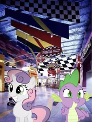Size: 642x851 | Tagged: safe, derpibooru import, edit, editor:undeadponysoldier, spike, sweetie belle, dragon, pony, unicorn, adorable face, advertisement, coca-cola, concord mills mall, cute, date, dragons in real life, excited, female, filly, happy, irl, male, mall, nascar, photo, ponies in real life, shipping, spikebelle, straight