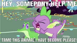 Size: 640x358 | Tagged: alligator, animal, animal i have become, caption, confetti, derpibooru import, discovery family logo, dragon, edit, edited screencap, editor:undeadponysoldier, gummy, impact font, male, safe, screencap, song reference, spike, three days grace, winged spike, yakity-sax