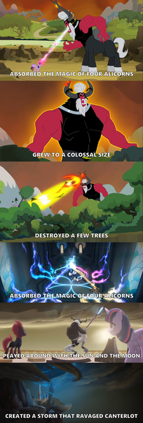 Size: 1445x4253 | Tagged: alicorn, antagonist, armor, canterlot, caption, centaur, cloud, comic, comparison, crown, derpibooru import, edit, edited screencap, forest, horns, jewelry, laser, lightning, lord tirek, magic, my little pony: the movie, princess cadance, princess celestia, princess luna, regalia, safe, screencap, screencap comic, staff, staff of sacanas, storm, storm king, sun, tempest shadow, text, tree, twilight's kingdom, twilight sparkle, twilight sparkle (alicorn), wind, yeti