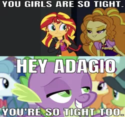 Size: 639x599 | Tagged: suggestive, derpibooru import, edit, edited screencap, editor:undeadponysoldier, screencap, adagio dazzle, spike, sunset shimmer, dragon, pony, equestria girls, princess spike (episode), rainbow rocks, adagiospike, bedroom eyes, caption, clothes, comeback, female, flirting, innuendo, male, out of context, shipping, straight, you girls are so tight