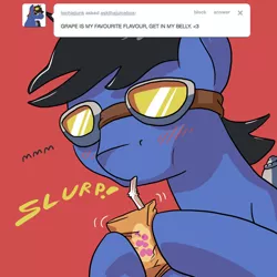 Size: 800x800 | Tagged: safe, artist:askthejuicebox, artist:docwario, derpibooru import, oc, oc:juice box, pony, blushing, drinking, dying, goggles, grape juice, implied death, juice, juice box, male, stallion