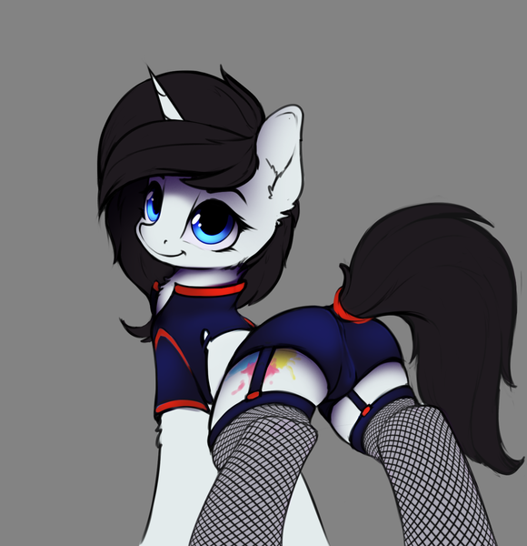 Size: 1351x1397 | Tagged: questionable, artist:hitbass, derpibooru import, oc, oc:leesys, unofficial characters only, pony, unicorn, butt, cameltoe, clothes, female, fishnets, garters, looking back, mare, plot, rear view, solo