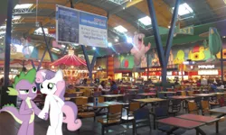 Size: 640x384 | Tagged: safe, artist:hoodie-stalker, derpibooru import, edit, editor:undeadponysoldier, spike, sweetie belle, dragon, human, pony, semi-anthro, unicorn, american flag, bipedal, burger king, carousel, chair, concord mills mall, dragons in real life, female, food court, hoof on hip, irl, irl human, male, mall, mare, older, older spike, older sweetie belle, photo, pointing, ponies in real life, popeyes, shipping, sign, spikebelle, straight, table