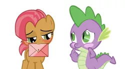 Size: 750x417 | Tagged: safe, artist:purezparity, derpibooru import, edit, editor:undeadponysoldier, babs seed, spike, dragon, earth pony, pony, adorababs, babspike, blushing, cute, daaaaaaaaaaaw, envelope, female, filly, foal, hearts and hooves day, letter, looking at each other, love letter, male, shipping, simple background, straight, white background