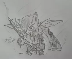 Size: 2762x2262 | Tagged: semi-grimdark, artist:lucky dragon, derpibooru import, oc, oc:lotus, unofficial characters only, bat pony, pony, fallout equestria, fanfic, angry, armor, bat pony oc, bat wings, black and white, blood, bullet hole, dexterous hooves, fanfic art, fangs, grayscale, gun, hooves, injured, male, monochrome, open mouth, pipbuck, solo, spread wings, stallion, traditional art, weapon, wings