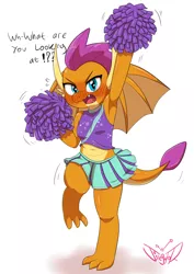 Size: 2480x3508 | Tagged: 2 4 6 greaaat, armpits, artist:jeglegator, belly button, blushing, blushing profusely, cheerleader outfit, cheerleader smolder, clothes, cute, derpibooru import, dragon, dragoness, female, implied perversion, midriff, miniskirt, moe, pleated skirt, safe, skirt, smolder, smolderbetes, smoldere, solo, tsundere