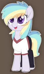 Size: 1053x1782 | Tagged: safe, artist:bluedinoadopts, derpibooru import, oc, oc:pastel aerosol, unofficial characters only, earth pony, pony, brown background, clothes, cute, female, jeans, mare, multicolored hair, open mouth, pants, shirt, simple background, solo, t-shirt, watermark