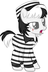 Size: 1713x2577 | Tagged: safe, artist:kellysweet1, derpibooru import, oc, oc:bad karma, unofficial characters only, earth pony, pony, clothes, criminal, eye scar, female, hat, jumpsuit, mare, open mouth, prison outfit, prison stripes, scar, shirt, simple background, solo, transparent background