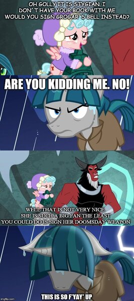 Size: 500x1125 | Tagged: safe, derpibooru import, edit, edited screencap, screencap, cozy glow, lord tirek, queen chrysalis, stygian, centaur, pegasus, pony, unicorn, frenemies (episode), shadow play, bell, bewitching bell, comic, screencap comic