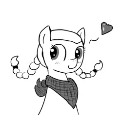 Size: 640x600 | Tagged: safe, artist:ficficponyfic, derpibooru import, oc, oc:emerald jewel, earth pony, pony, colt quest, bandana, blushing, child, colt, cute, cyoa, foal, heart, male, monochrome, pigtails, solo, story included