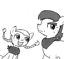 Size: 640x600 | Tagged: safe, artist:ficficponyfic, derpibooru import, oc, oc:emerald jewel, oc:giles pecan, earth pony, pony, colt quest, bandana, bedroom eyes, blushing, child, colt, cyoa, flirting, foal, grin, looking away, male, monochrome, pigtails, smiling, story included, sweat, sweating profusely, teenager, wavy mouth