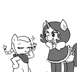 Size: 640x600 | Tagged: safe, artist:ficficponyfic, derpibooru import, oc, oc:emerald jewel, unicorn, colt quest, adult, bandana, blank flank, bowtie, clothes, colt, cutie mark, cyoa, eyeshadow, female, femboy, foal, girly, grin, horn, leggings, makeup, male, mantle, mare, monochrome, pigtails, pose, smiling, story included