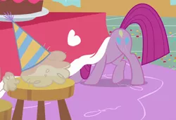 Size: 1170x801 | Tagged: safe, derpibooru import, screencap, madame le flour, pinkie pie, earth pony, pony, party of one, season 1, cake, chair, cropped, female, flour, food, hiding, mare, pinkamena diane pie, solo, table, under the table