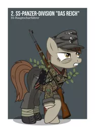 Size: 1024x1366 | Tagged: safe, artist:brony-works, derpibooru import, oc, unofficial characters only, earth pony, pony, bags under eyes, blood, bloody, camouflage, clothes, grenade, gritted teeth, gun, injured, jacket, k98, nazi, nazi germany, pants, rifle, solo, squint, stielhandgranate, uniform, waffen-ss, weapon, world war ii