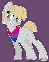Size: 1194x1492 | Tagged: safe, artist:bluedinoadopts, derpibooru import, oc, oc:silver slate (ice1517), unofficial characters only, earth pony, pony, bandana, bisexual pride flag, blank flank, blushing, female, grin, implied bisexual, implied bisexuality, mare, neckerchief, pride, pride flag, purple background, simple background, smiling, solo, starry eyes, watermark, wingding eyes