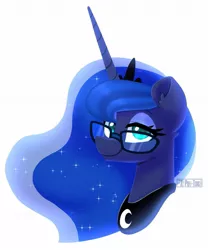 Size: 1037x1246 | Tagged: safe, artist:puetsua, derpibooru import, princess luna, alicorn, pony, bust, ear fluff, female, glasses, jewelry, lidded eyes, looking at you, mare, peytral, portrait, regalia, simple background, smiling, solo, white background