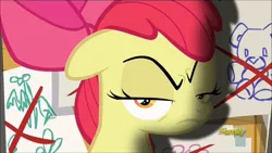 Size: 1280x720 | Tagged: safe, derpibooru import, screencap, apple bloom, earth pony, pony, on your marks, angry, apple bloom is not amused, bow, crossed out, discovery family logo, female, filly, lidded eyes, looking at you, solo, unamused