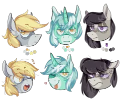 Size: 2700x2300 | Tagged: safe, artist:corporalvortex, derpibooru import, derpy hooves, lyra heartstrings, octavia melody, earth pony, pegasus, pony, unicorn, ;p, angry, bedroom eyes, coat markings, cross-eyed, cross-popping veins, expressions, facial expressions, female, flirty, front view, heart, mare, octavia is not amused, one eye closed, open mouth, practice drawing, serious, serious face, side view, simple background, star (coat marking), surprised, tongue out, transparent background, unamused, wink