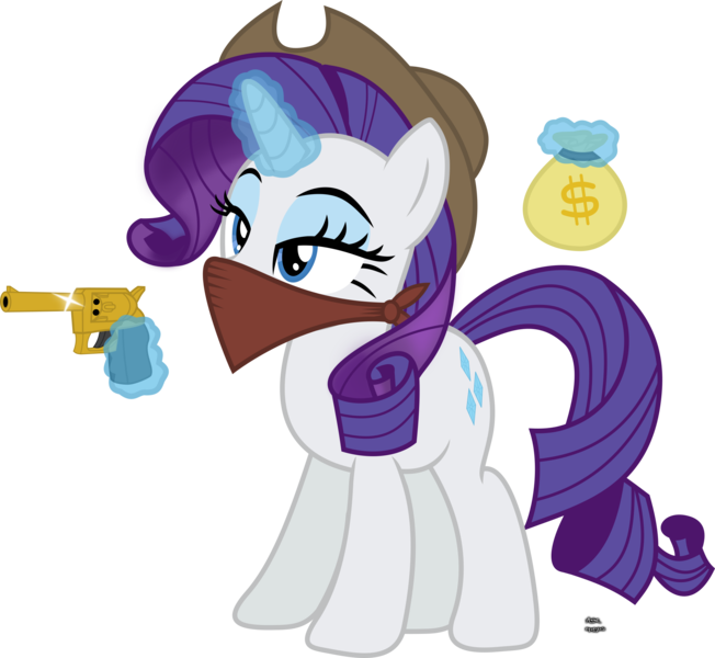 Size: 2192x2016 | Tagged: safe, artist:anime-equestria, derpibooru import, rarity, pony, unicorn, bandana, cowboy hat, cowgirl, eyeshadow, glowing horn, gold weapon, gun, handgun, hat, horn, magic, makeup, money bag, revolver, robbery, simple background, solo, telekinesis, transparent background, vector, weapon, wild west