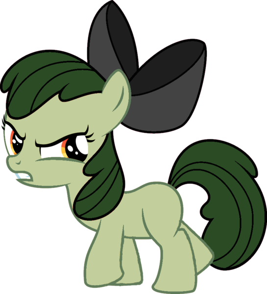 Size: 852x938 | Tagged: safe, artist:yetioner, derpibooru import, edit, editor:undeadponysoldier, vector edit, apple bloom, wild card, earth pony, pony, elements of insanity, angry, anti-heroine, bow, cutie mark creeps, female, filly, francie bloom, green fur, green mane, green tail, hair bow, head bow, image, orange eyes, png, recolor, simple background, solo, solo female, tomboy, transparent background, vector