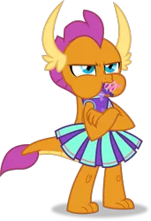 Size: 1309x1917 | Tagged: 2 4 6 greaaat, alternate version, artist:frownfactory, cheerleader, cheerleader smolder, clothes, confetti, crossed arms, cute, derpibooru import, dragon, dragoness, female, frown, full mouth, horns, pleated skirt, puffy cheeks, safe, simple background, skirt, smolder, smolderbetes, solo, streamers, svg, .svg available, transparent background, vector, wings