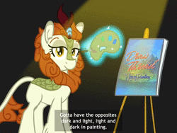 Size: 1440x1080 | Tagged: safe, artist:anonymous, derpibooru import, autumn blaze, ponified, kirin, animated, bob ross, canvas, color palette, drawthread, easel, image, mountain, paint, paintbrush, requested art, river, solo, sound, spotlight, sun, text, tree, water, webm