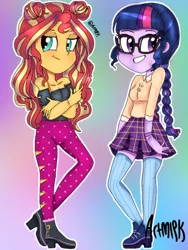 Size: 768x1024 | Tagged: safe, alternate version, artist:artmlpk, derpibooru import, sci-twi, sunset shimmer, twilight sparkle, equestria girls, alternate design, alternate hairstyle, blushing, boots, braid, clothes, crossed arms, curly hair, cute, design, digital art, duo, female, hair bun, ripped pants, shimmerbetes, shoes, smiling, smirk, smugset shimmer, socks, trendy style, twiabetes