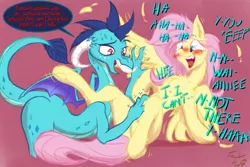 Size: 2400x1600 | Tagged: safe, artist:frist44, derpibooru import, fluttershy, princess ember, dragon, pegasus, pony, blushing, crying, duo, embershy, female, laughing, lesbian, shipping, tears of laughter, tickling, ticklish wings, wings