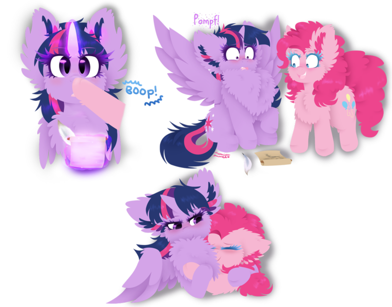 Size: 1009x792 | Tagged: safe, artist:vanillaswirl6, derpibooru import, pinkie pie, twilight sparkle, twilight sparkle (alicorn), alicorn, earth pony, pony, blushing, boop, bust, chest fluff, ear fluff, female, fluffy, implied lesbian, implied shipping, implied twinkie, impossibly large chest fluff, mare, pomf, quill, scroll, simple background, spread wings, transparent background, wingboner, wings