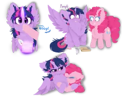 Size: 1009x792 | Tagged: safe, artist:vanillaswirl6, derpibooru import, pinkie pie, twilight sparkle, twilight sparkle (alicorn), alicorn, earth pony, pony, blushing, boop, bust, chest fluff, ear fluff, female, fluffy, implied lesbian, implied shipping, implied twinkie, impossibly large chest fluff, mare, pomf, quill, scroll, simple background, spread wings, transparent background, wingboner, wings