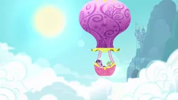 Size: 1280x720 | Tagged: safe, derpibooru import, screencap, spike, twilight sparkle, dragon, pony, unicorn, canterlot, canterlot castle, cloud, cloudy, hot air balloon, intro, lens flare, opening, sky, sun, theme song, twinkling balloon