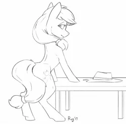 Size: 1456x1429 | Tagged: safe, artist:quadrog, derpibooru import, applejack, earth pony, pony, bipedal, bipedal leaning, cowboy hat, female, hat, leaning, lineart, looking back, mare, monochrome, signature, solo, stetson, table