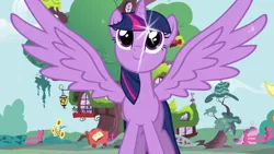 Size: 1280x720 | Tagged: safe, derpibooru import, screencap, applejack, twilight sparkle, twilight sparkle (alicorn), alicorn, pony, golden oaks library, intro, looking up, opening, sparkles, spread wings, theme song, wings