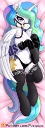 Size: 427x1200 | Tagged: suggestive, alternate version, artist:pusspuss, derpibooru import, princess celestia, alicorn, pony, body pillow, bridle, butt, clothes, evening gloves, female, gloves, long gloves, mare, nudity, obtrusive watermark, panties, patreon, patreon logo, smiling, socks, solo, solo female, stockings, tack, thigh highs, underwear, watermark