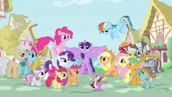 Size: 1280x720 | Tagged: safe, derpibooru import, screencap, apple bloom, applejack, big macintosh, carrot cake, cup cake, fluttershy, granny smith, mayor mare, pinkie pie, rainbow dash, rarity, scootaloo, snails, snips, spike, sweetie belle, twilight sparkle, twilight sparkle (alicorn), zecora, alicorn, dragon, earth pony, pegasus, pony, unicorn, zebra, book, colt, cutie mark crusaders, female, filly, intro, male, mane seven, mane six, mare, opening, ponyville, quill, stallion, theme song