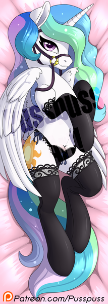 Size: 427x1200 | Tagged: questionable, alternate version, artist:pusspuss, derpibooru import, princess celestia, alicorn, pony, body pillow, bra, bra on pony, branties, bridle, butt, cleavage, clothes, crotch cleavage, crotchboobs, crotchbra, evening gloves, female, gloves, long gloves, mare, nudity, obtrusive watermark, panties, patreon, patreon logo, smiling, socks, solo, solo female, stockings, tack, thigh highs, underwear, watermark