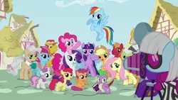 Size: 1280x720 | Tagged: safe, derpibooru import, screencap, apple bloom, applejack, big macintosh, carrot cake, cup cake, fluttershy, granny smith, mayor mare, photo finish, pinkie pie, rainbow dash, rarity, scootaloo, snails, snips, spike, sweetie belle, twilight sparkle, twilight sparkle (alicorn), alicorn, dragon, earth pony, pegasus, pony, unicorn, zebra, book, camera, colt, cutie mark crusaders, female, filly, intro, male, mane seven, mane six, mare, opening, ponyville, quill, stallion, theme song