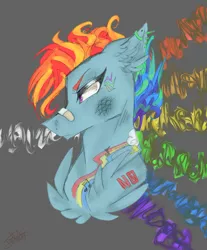 Size: 2000x2414 | Tagged: safe, artist:smileyjoke36, derpibooru import, rainbow dash, pony, abstract background, alternate hairstyle, alternative cutie mark placement, bandaid, bruised, bust, chest fluff, ear fluff, ear piercing, earring, female, floppy ears, jewelry, mare, music notes, narrowed eyes, piercing, solo, tattoo