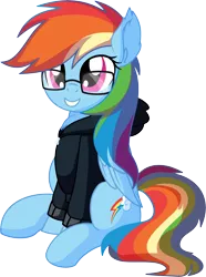 Size: 5508x7384 | Tagged: safe, artist:cyanlightning, derpibooru import, rainbow dash, pegasus, pony, .svg available, absurd resolution, adorkable, chest fluff, clothes, cute, dashabetes, dork, ear fluff, egghead dash, female, folded wings, glasses, hoodie, mare, nerd, simple background, sitting, smiling, solo, transparent background, vector, wing fluff, wings