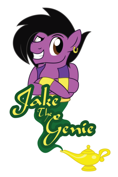 Size: 730x1095 | Tagged: safe, artist:showtimeandcoal, derpibooru import, oc, oc:jake the genie, unofficial characters only, earth pony, genie, pony, badge, clothes, commission, con badge, convention badge, ear piercing, earring, jewelry, lamp, magic lamp, male, piercing, simple background, smiling, smirk, smoke, solo, stallion, transparent background, vest