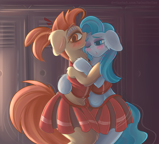 Size: 3100x2820 | Tagged: safe, artist:twiontheline, derpibooru import, lighthoof, shimmy shake, pony, 2 4 6 greaaat, blushing, cheerleader, clothes, female, high res, lesbian, locker room, midriff, miniskirt, one eye closed, pleated skirt, ponytail, shimmyhoof, shipping, skirt