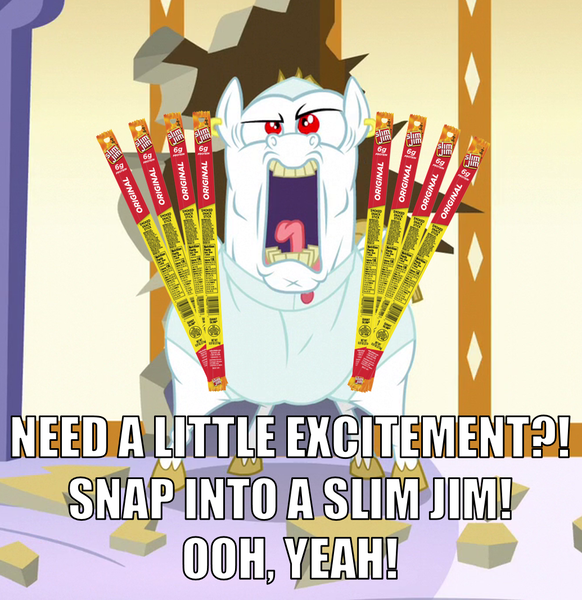 Size: 1035x1067 | Tagged: bulk biceps, caption, castle sweet castle, derpibooru import, edit, edited screencap, hole in the wall, image macro, macho man, macho man randy savage, meme, parody, ponyville spa, randy savage, safe, screencap, slim jim, snap into a slim jim, text, yeah