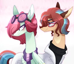 Size: 1800x1558 | Tagged: safe, artist:sugaryicecreammlp, derpibooru import, oc, oc:celestial star, oc:philip, unofficial characters only, pegasus, pony, clothes, female, glasses, goggles, lab coat, male, mare, scarf, stallion, sweater, turtleneck