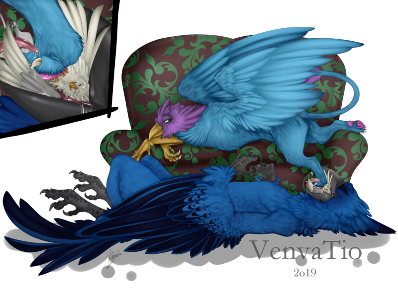 Size: 2500x1875 | Tagged: questionable, artist:venvatio, derpibooru import, oc, oc:aevery, oc:der, oc:gyro feather, oc:gyro tech, unofficial characters only, bird, gryphon, fetish, griffonized, indigo bunting, male, micro, species swap, vore